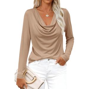 image:imagePRETTYGARDEN Womens Spring Tops 2026 Dressy Cowl Neck Long Sleeve Shirts Loose Business Casual Blouses Teacher Tunic TopKhaki