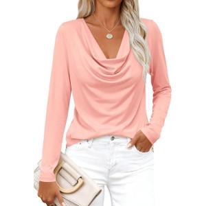image:imagePRETTYGARDEN Womens Spring Tops 2026 Dressy Cowl Neck Long Sleeve Shirts Loose Business Casual Blouses Teacher Tunic TopPink