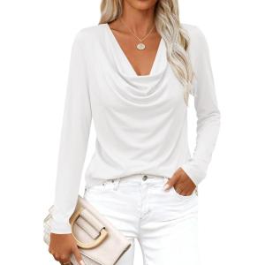 image:imagePRETTYGARDEN Womens Spring Tops 2026 Dressy Cowl Neck Long Sleeve Shirts Loose Business Casual Blouses Teacher Tunic TopWhite