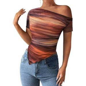 image:imagePRETTYGARDEN Womens Summer Off The Shoulder Tops 2026 Spring Short Sleeve Mesh Tie Dye Shirt Ruched Asymmetrical Y2k ClothesFloral Brown