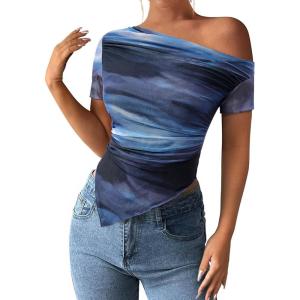 image:imagePRETTYGARDEN Womens Summer Off The Shoulder Tops 2026 Spring Short Sleeve Mesh Tie Dye Shirt Ruched Asymmetrical Y2k ClothesGradient Blue