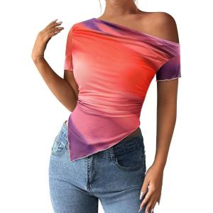 image:imagePRETTYGARDEN Womens Summer Off The Shoulder Tops 2026 Spring Short Sleeve Mesh Tie Dye Shirt Ruched Asymmetrical Y2k ClothesMulticolour Print