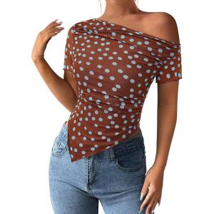 image:imagePRETTYGARDEN Womens Summer Off The Shoulder Tops 2026 Spring Short Sleeve Mesh Tie Dye Shirt Ruched Asymmetrical Y2k ClothesPolka Dot Brown