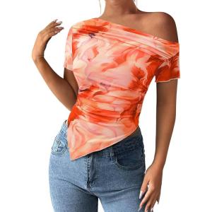 image:imagePRETTYGARDEN Womens Summer Off The Shoulder Tops 2026 Spring Short Sleeve Mesh Tie Dye Shirt Ruched Asymmetrical Y2k ClothesWatercolour Orange