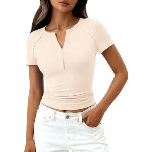 image:imagePRETTYGARDEN Womens Summer Short Sleeve Tops 2026 Spring Casual V Neck Henley Button Up T Shirts Dressy Ribbed Knit BlousesBeige