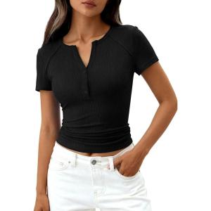 image:imagePRETTYGARDEN Womens Summer Short Sleeve Tops 2026 Spring Casual V Neck Henley Button Up T Shirts Dressy Ribbed Knit BlousesBlack