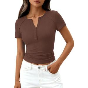 image:imagePRETTYGARDEN Womens Summer Short Sleeve Tops 2026 Spring Casual V Neck Henley Button Up T Shirts Dressy Ribbed Knit BlousesBrown
