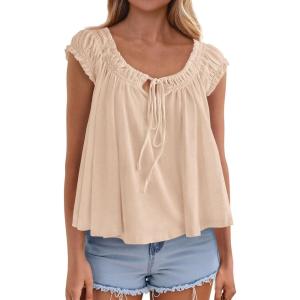 image:imagePRETTYGARDEN Womens Tie Front Tank Tops 2026 Summer Fashion Cap Sleeve Babydoll Blouses Flowy Shirts Spring Going Out OutfitsApricot