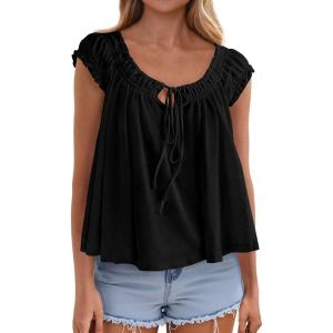 image:imagePRETTYGARDEN Womens Tie Front Tank Tops 2026 Summer Fashion Cap Sleeve Babydoll Blouses Flowy Shirts Spring Going Out OutfitsBlack
