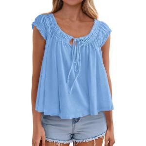 image:imagePRETTYGARDEN Womens Tie Front Tank Tops 2026 Summer Fashion Cap Sleeve Babydoll Blouses Flowy Shirts Spring Going Out OutfitsLight Blue
