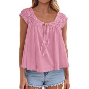 image:imagePRETTYGARDEN Womens Tie Front Tank Tops 2026 Summer Fashion Cap Sleeve Babydoll Blouses Flowy Shirts Spring Going Out OutfitsPink