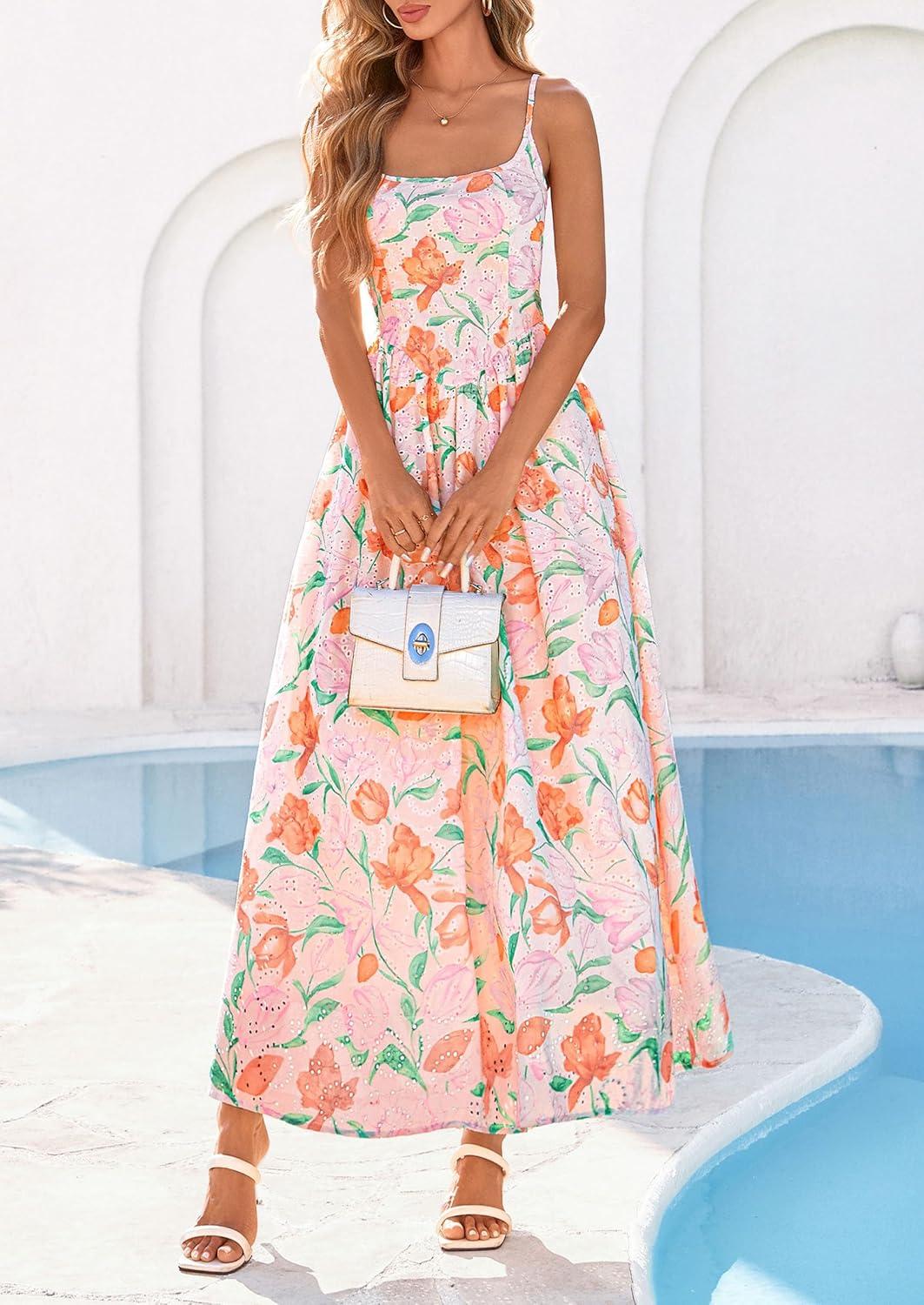 image:imagePRETTYGARDEN Womens 2026 Spring Boho Maxi Dress Eyelet Floral Long Flowy Sundresses Summer Beach Vacation ClothesFloral White Multicolored