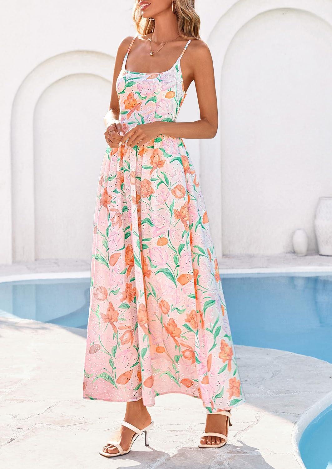 image:imagePRETTYGARDEN Womens 2026 Spring Boho Maxi Dress Eyelet Floral Long Flowy Sundresses Summer Beach Vacation ClothesFloral White Multicolored