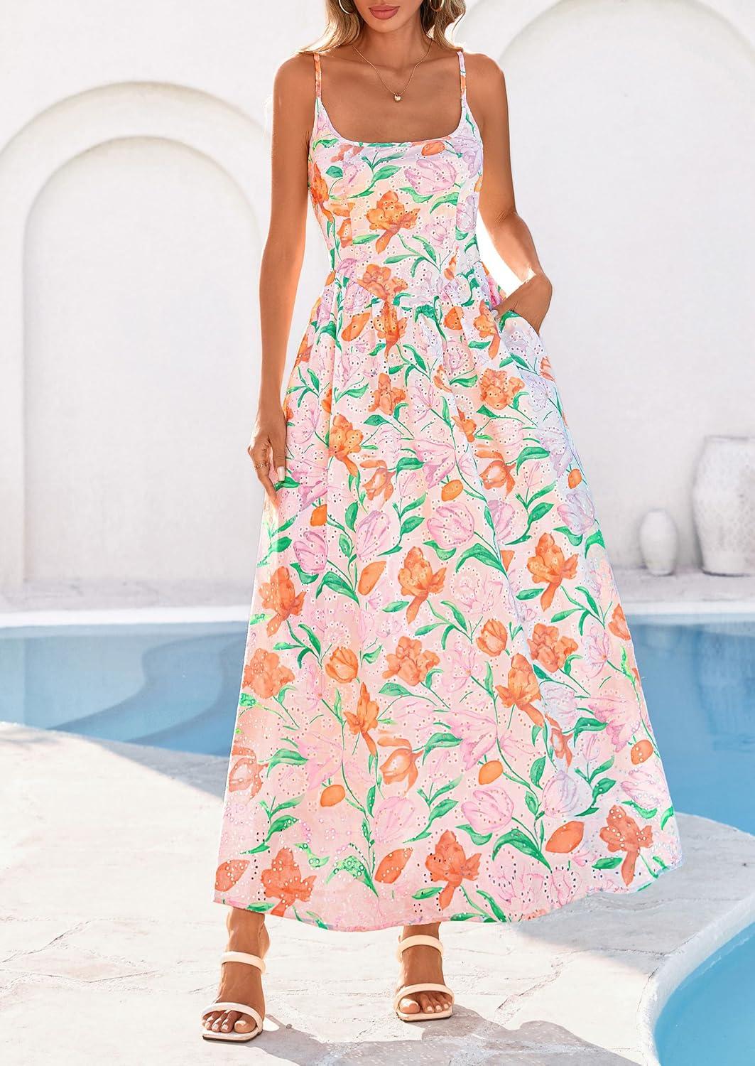 image:imagePRETTYGARDEN Womens 2026 Spring Boho Maxi Dress Eyelet Floral Long Flowy Sundresses Summer Beach Vacation ClothesFloral White Multicolored