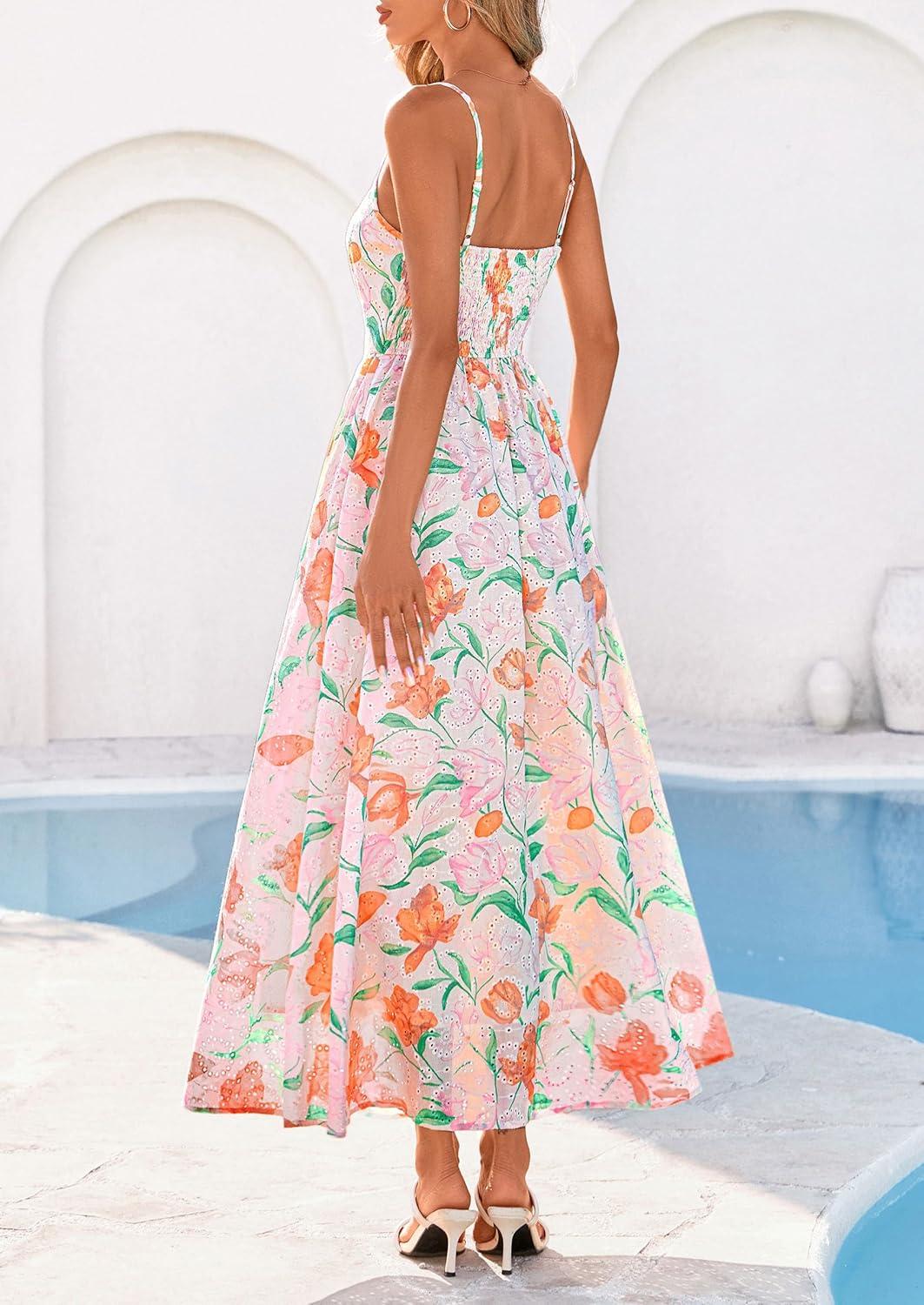image:imagePRETTYGARDEN Womens 2026 Spring Boho Maxi Dress Eyelet Floral Long Flowy Sundresses Summer Beach Vacation ClothesFloral White Multicolored