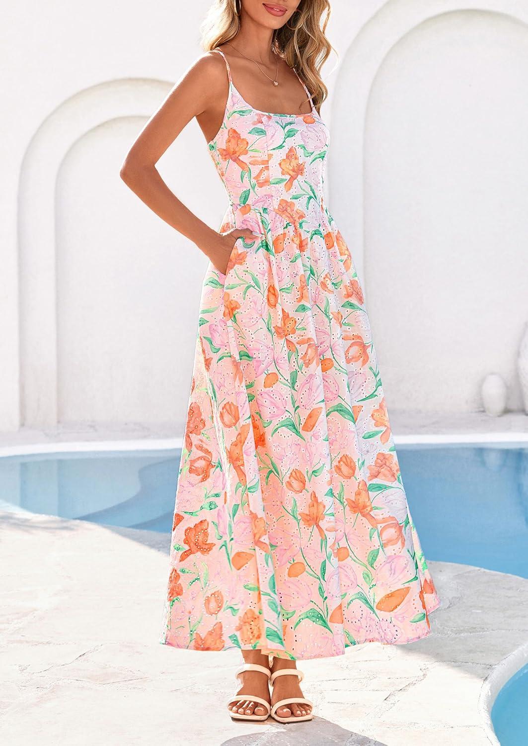 image:imagePRETTYGARDEN Womens 2026 Spring Boho Maxi Dress Eyelet Floral Long Flowy Sundresses Summer Beach Vacation ClothesFloral White Multicolored