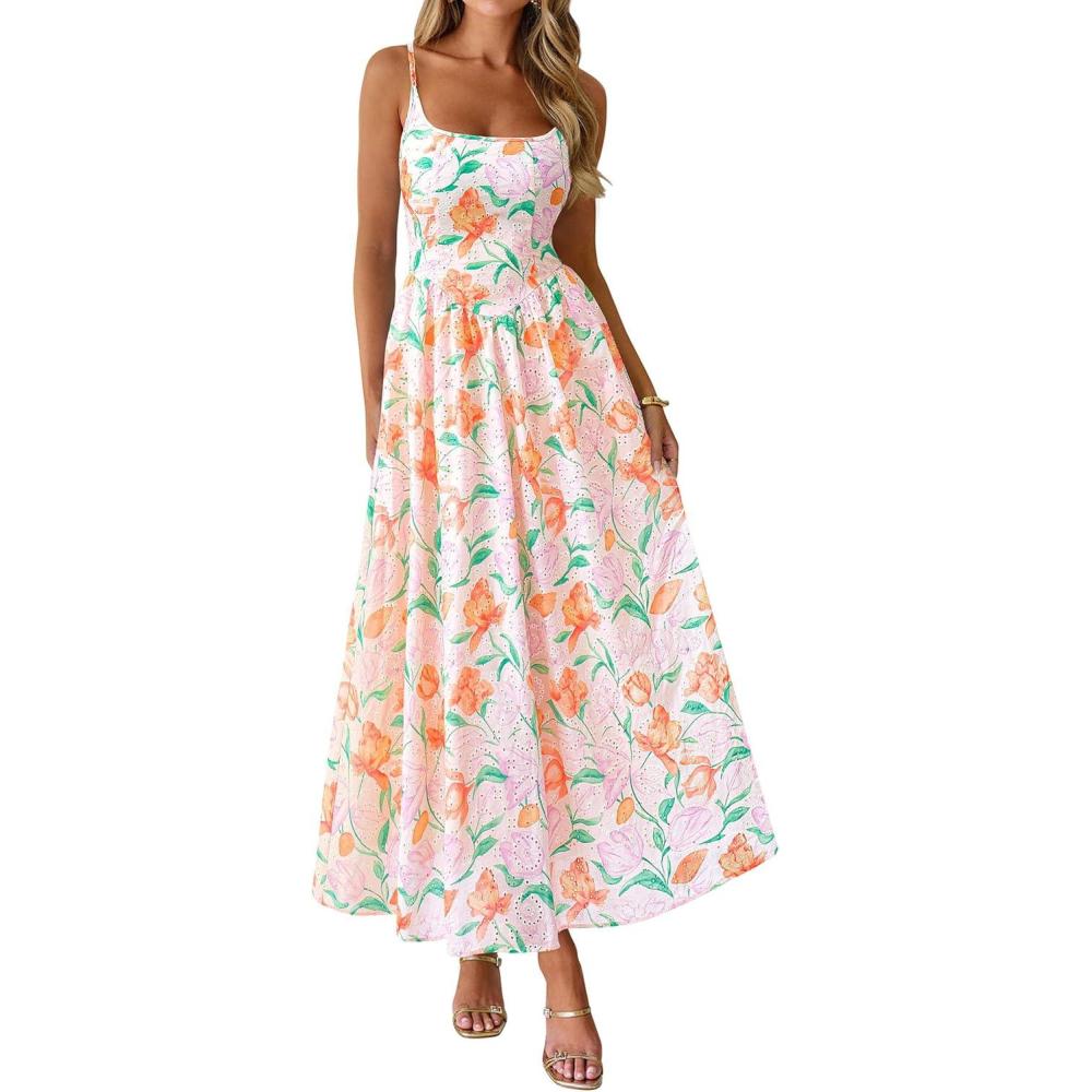 image:imagePRETTYGARDEN Womens 2026 Spring Boho Maxi Dress Eyelet Floral Long Flowy Sundresses Summer Beach Vacation ClothesFloral White Multicolored