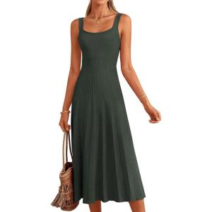 image:imagePRETTYGARDEN Spring Dresses for Women 2026 Summer Casual Sleeveless Square Neck A Line Knit Pleated Midi Cocktail Party DressArmy Green