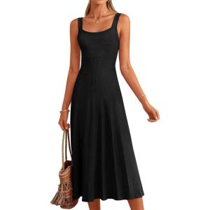 image:imagePRETTYGARDEN Spring Dresses for Women 2026 Summer Casual Sleeveless Square Neck A Line Knit Pleated Midi Cocktail Party DressBlack