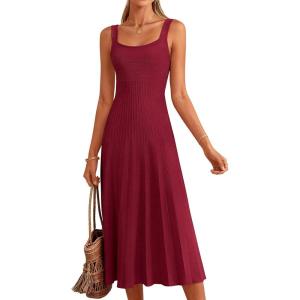 image:imagePRETTYGARDEN Spring Dresses for Women 2026 Summer Casual Sleeveless Square Neck A Line Knit Pleated Midi Cocktail Party DressBurgundy