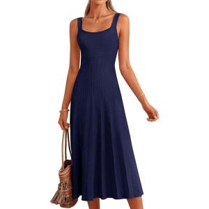 image:imagePRETTYGARDEN Spring Dresses for Women 2026 Summer Casual Sleeveless Square Neck A Line Knit Pleated Midi Cocktail Party DressNavy Blue