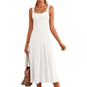 image:imagePRETTYGARDEN Spring Dresses for Women 2026 Summer Casual Sleeveless Square Neck A Line Knit Pleated Midi Cocktail Party DressWhite