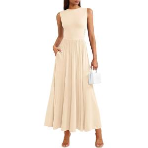 image:imagePRETTYGARDEN Summer Maxi Dresses for Women 2026 Sleeveless A Line Flowy Long Casual Sundress Wedding Guest Fashion ClothingBeige