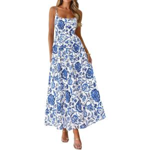 image:imagePRETTYGARDEN Womens 2026 Spring Boho Maxi Dress Eyelet Floral Long Flowy Sundresses Summer Beach Vacation ClothesFloral White Blue