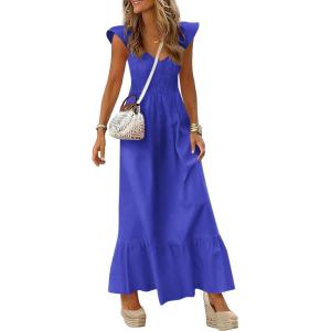 image:imagePRETTYGARDEN Womens 2026 Summer Casual Maxi Dresses Cap Sleeve V Neck Smocked Long Pockets Party Sundress Vacation OutfitsBlue