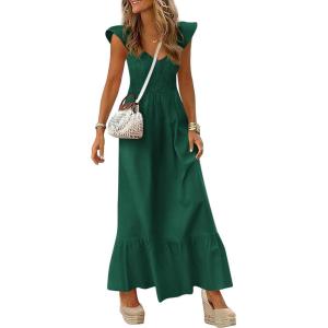 image:imagePRETTYGARDEN Womens 2026 Summer Casual Maxi Dresses Cap Sleeve V Neck Smocked Long Pockets Party Sundress Vacation OutfitsGreen