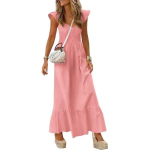 image:imagePRETTYGARDEN Womens 2026 Summer Casual Maxi Dresses Cap Sleeve V Neck Smocked Long Pockets Party Sundress Vacation OutfitsPink