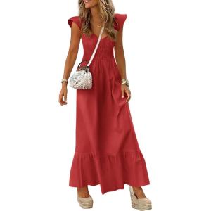 image:imagePRETTYGARDEN Womens 2026 Summer Casual Maxi Dresses Cap Sleeve V Neck Smocked Long Pockets Party Sundress Vacation OutfitsRed