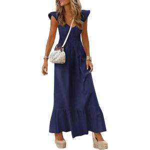 image:imagePRETTYGARDEN Womens 2026 Summer Casual Maxi Dresses Cap Sleeve V Neck Smocked Long Pockets Party Sundress Vacation OutfitsRoyal Blue