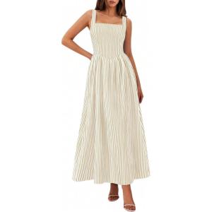 image:imagePRETTYGARDEN Womens Maxi Striped Dress 2026 Summer Sleeveless Square Neck Smocked A Line Long Flowy Spring Vacation SundressBeige Striped