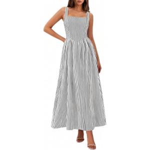 image:imagePRETTYGARDEN Womens Maxi Striped Dress 2026 Summer Sleeveless Square Neck Smocked A Line Long Flowy Spring Vacation SundressBlack Striped