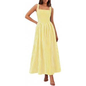 image:imagePRETTYGARDEN Womens Maxi Striped Dress 2026 Summer Sleeveless Square Neck Smocked A Line Long Flowy Spring Vacation SundressYellow Striped
