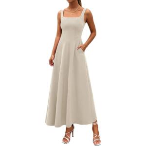 image:imagePRETTYGARDEN Womens Summer Dresses 2026 Sleeveless Elegant Square Neck Aline Swing Maxi Beach Wedding Guest Dress PocketsBeige