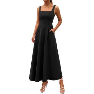 image:imagePRETTYGARDEN Womens Summer Dresses 2026 Sleeveless Elegant Square Neck Aline Swing Maxi Beach Wedding Guest Dress PocketsBlack