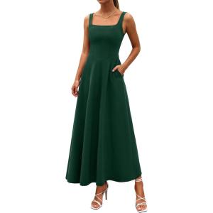 image:imagePRETTYGARDEN Womens Summer Dresses 2026 Sleeveless Elegant Square Neck Aline Swing Maxi Beach Wedding Guest Dress PocketsDark Green