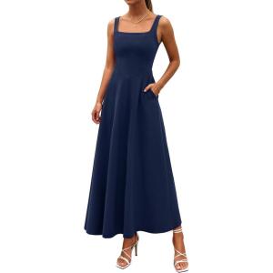 image:imagePRETTYGARDEN Womens Summer Dresses 2026 Sleeveless Elegant Square Neck Aline Swing Maxi Beach Wedding Guest Dress PocketsNavy