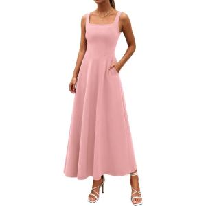 image:imagePRETTYGARDEN Womens Summer Dresses 2026 Sleeveless Elegant Square Neck Aline Swing Maxi Beach Wedding Guest Dress PocketsPink