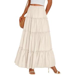 image:imagePRETTYGARDEN Boho Maxi Skirts for Women Trendy Summer 2026 Spring Long Flowy A Line Tiered Skirt Beach Vacation Clothes DressBeige