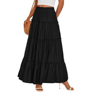 image:imagePRETTYGARDEN Boho Maxi Skirts for Women Trendy Summer 2026 Spring Long Flowy A Line Tiered Skirt Beach Vacation Clothes DressBlack