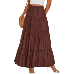 image:imagePRETTYGARDEN Boho Maxi Skirts for Women Trendy Summer 2026 Spring Long Flowy A Line Tiered Skirt Beach Vacation Clothes DressBrown