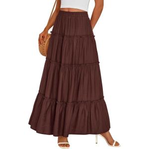 image:imagePRETTYGARDEN Boho Maxi Skirts for Women Trendy Summer 2026 Spring Long Flowy A Line Tiered Skirt Beach Vacation Clothes DressDark Brown