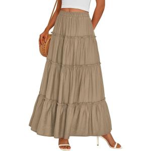 image:imagePRETTYGARDEN Boho Maxi Skirts for Women Trendy Summer 2026 Spring Long Flowy A Line Tiered Skirt Beach Vacation Clothes DressKhaki