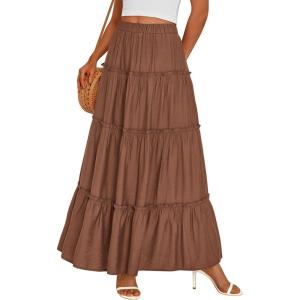 image:imagePRETTYGARDEN Boho Maxi Skirts for Women Trendy Summer 2026 Spring Long Flowy A Line Tiered Skirt Beach Vacation Clothes DressLight Brown