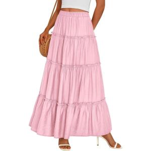 image:imagePRETTYGARDEN Boho Maxi Skirts for Women Trendy Summer 2026 Spring Long Flowy A Line Tiered Skirt Beach Vacation Clothes DressLight Pink