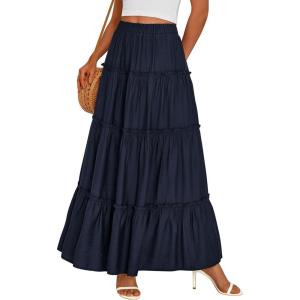 image:imagePRETTYGARDEN Boho Maxi Skirts for Women Trendy Summer 2026 Spring Long Flowy A Line Tiered Skirt Beach Vacation Clothes DressNavy Blue