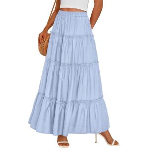 image:imagePRETTYGARDEN Boho Maxi Skirts for Women Trendy Summer 2026 Spring Long Flowy A Line Tiered Skirt Beach Vacation Clothes DressSky Blue